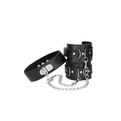 Ouch! Bonded Leather Collar With Hand Cuffs